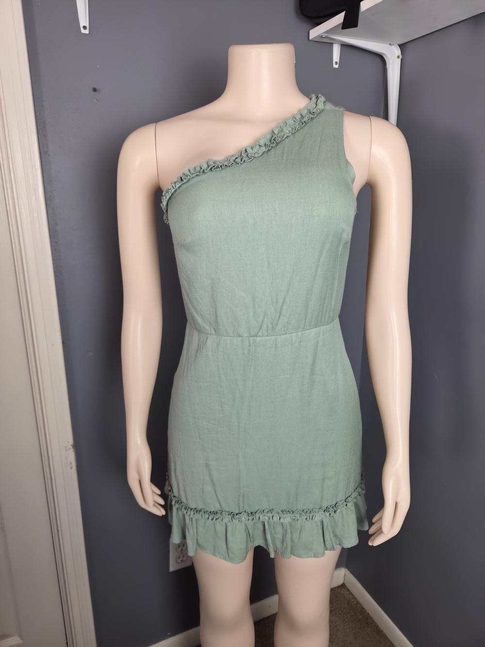 miami One-Shoulder Ruffle Mini Dress in Sage Green